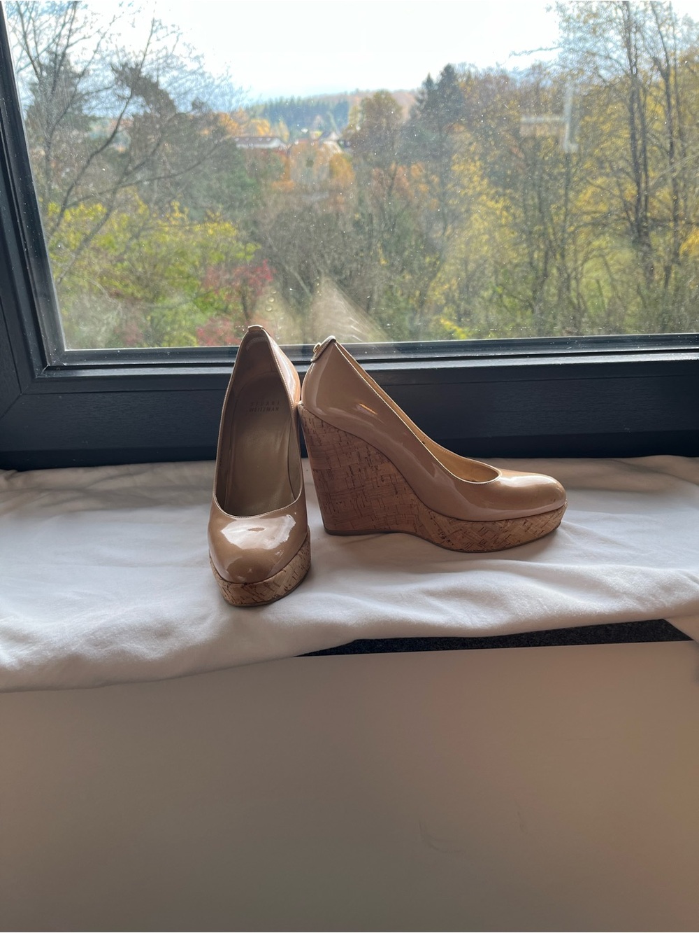 Stuart Weitzman Nude Patent Cork Wedge Platforms